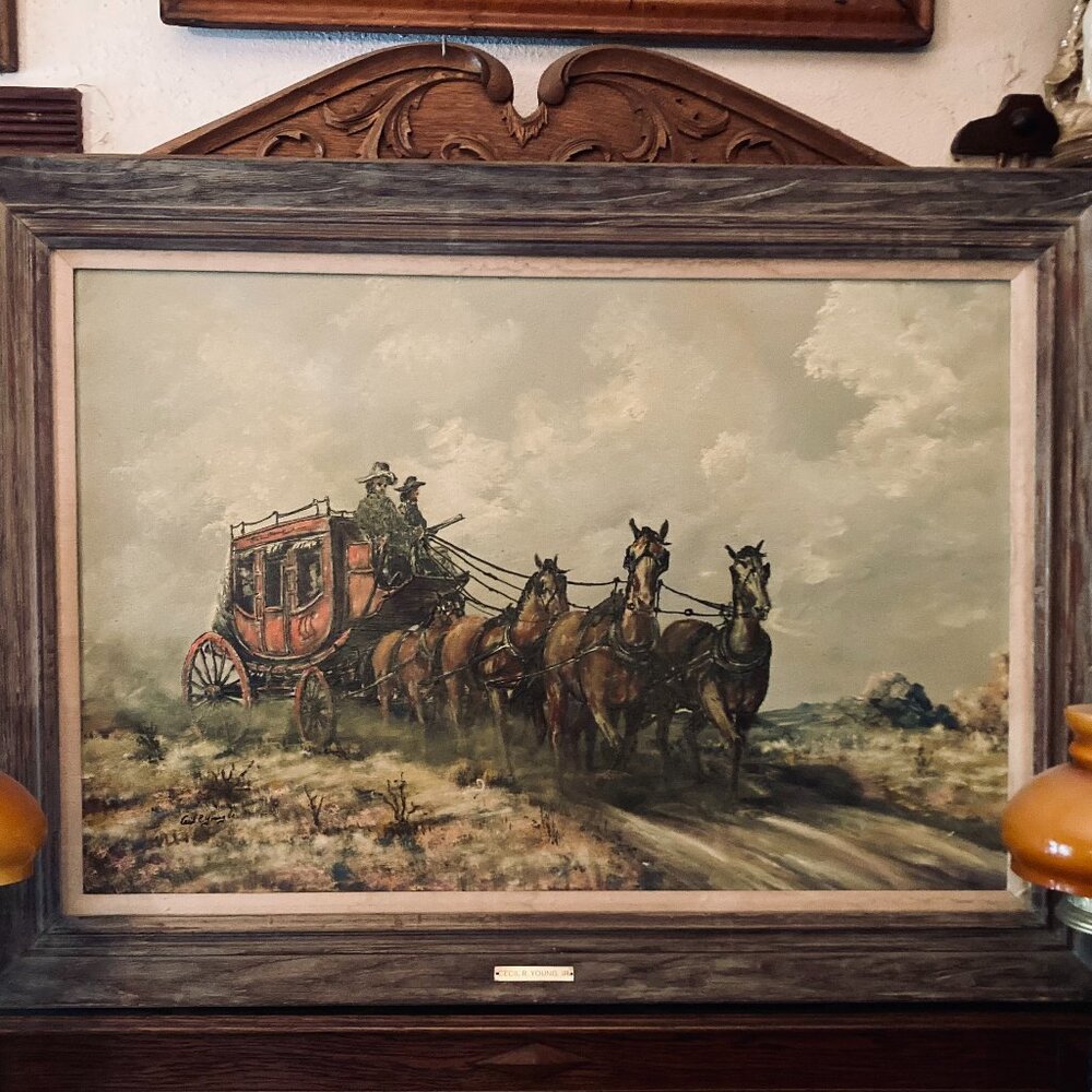 Vintage Oil Painting American Texas Artist Cecil Young Stagecoach Old Wild West